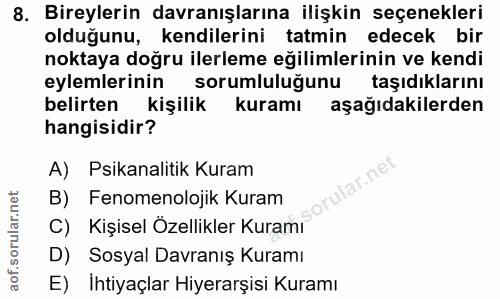 8. soru: Bireylerin davranışlarına ilişkin seçenekleri olduğunu, kendilerini tatmin edecek bir noktaya doğru ilerleme eğilimle…