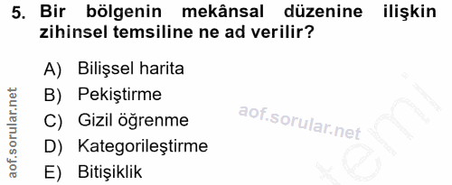 5. soru: Bir bölgenin mekânsal düzenine ilişkin zihinsel temsiline ne ad verilir? A) Bilişsel harita B) Pekiştirme C) Gizil öğ…