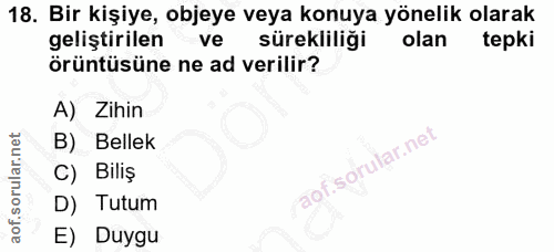 18. soru: Bir kişiye, objeye veya konuya yönelik olarak geliştirilen ve sürekliliği olan tepki örüntüsüne ne ad verilir? A) Zih…