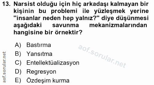 13. soru: Narsist olduğu için hiç arkadaşı kalmayan bir kişinin bu problemi ile yüzleşmek yerine "insanlar neden hep yalnız?" d…