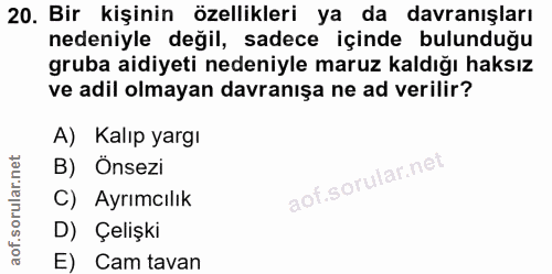 20. soru: Bir kişinin özellikleri ya da davranışları nedeniyle değil, sadece içinde bulunduğu gruba aidiyeti nedeniyle maruz ka…