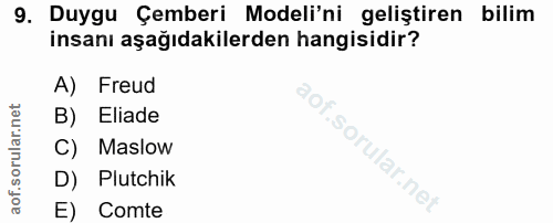 9. soru: Duygu Çemberi Modeli'ni geliştiren bilim insanı aşağıdakilerden hangisidir? A) Freud B) Eliade C) Maslow D) Plutchik…