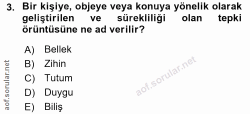 3. soru: Bir kişiye, objeye veya konuya yönelik olarak geliştirilen ve sürekliliği olan tepki örüntüsüne ne ad verilir? A) Bel…