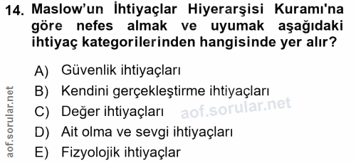 14. soru: Maslow'un İhtiyaçlar Hiyerarşisi Kuramı'na göre nefes almak ve uyumak aşağıdaki ihtiyaç kategorilerinden hangisinde y…