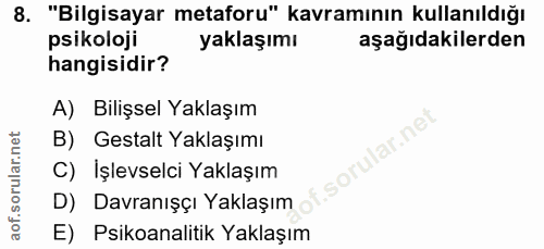 8. soru: "Bilgisayar metaforu" kavramının kullanıldığı psikoloji yaklaşımı aşağıdakilerden hangisidir? A) Bilişsel Yaklaşım B)…