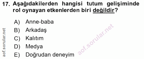 17. soru: Aşağıdakilerden hangisi tutum gelişiminde rol oynayan etkenlerden biri değildir? A) Anne-baba B) Arkadaş Kalıtım D) M…