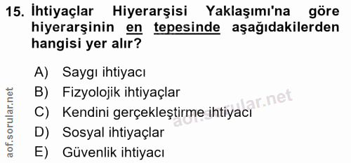 15. soru: Ihtiyaçlar Hiyerarşisi Yaklaşımı'na göre hiyerarşinin en tepesinde aşağıdakilerden hangisi yer alır? A) Saygı ihtiyac…