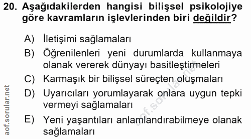 20. soru: Aşağıdakilerden hangisi bilişsel psikolojiye göre kavramların işlevlerinden biri değildir? A) İletişimi sağlamaları B…