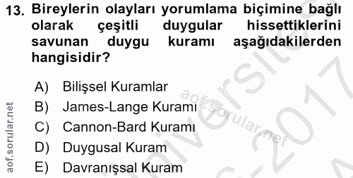 13. soru: Bireylerin olayları yorumlama biçimine bağlı olarak çeşitli duygular hissettiklerini savunan duygu kuramı l aşağıdaki…