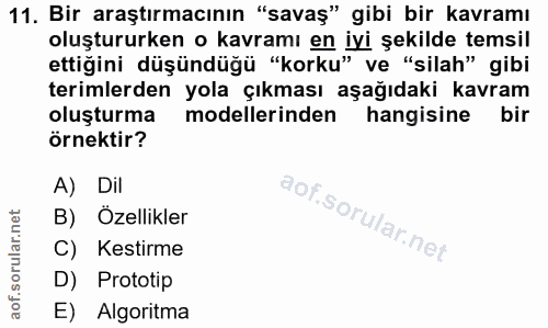 11. soru: Bir araştırmacının "savaş" gibi bir kavramı oluştururken o kavramı en iyi şekilde temsil ettiğini düşündüğü "korku" v…