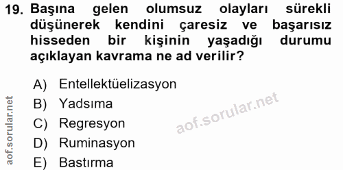 19. soru: Başına gelen olumsuz olayları sürekli düşünerek kendini çaresiz ve başarısız hisseden bir kişinin yaşadığı durumu açı…