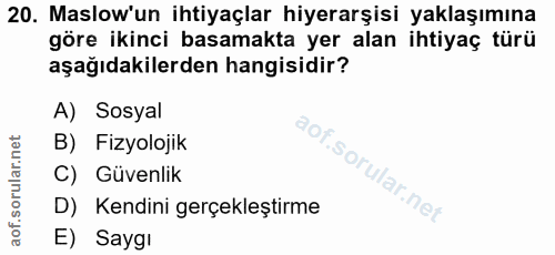 20. soru: Maslow'un ihtiyaçlar hiyerarşisi yaklaşımına göre ikinci basamakta yer alan ihtiyaç türü aşağıdakilerden hangisidir?…