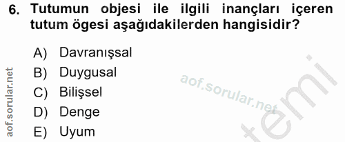 6. soru: Tutumun objesi ile ilgili inançları içeren tutum ögesi aşağıdakilerden hangisidir? A) Davranışsal B) Duygusal C) Bili…
