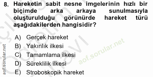8. soru: Hareketin sabit nesne imgelerinin hızlı bir biçimde arka arkaya sunulmasıyla oluşturulduğu görünürde hareket türü aşa…