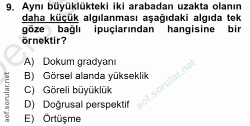 9. soru: Aynı büyüklükteki iki arabadan uzakta olanın daha küçük algılanması aşağıdaki algıda tek göze bağlı ipuçlarından hang…