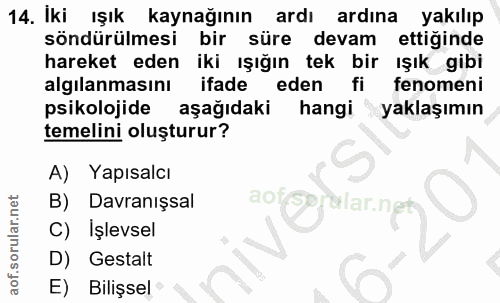 14. soru: Iki ışık kaynağının ardı ardina yakılıp söndürülmesi bir süre devam ettiğinde hareket eden iki ışığın tek bir ışık gi…