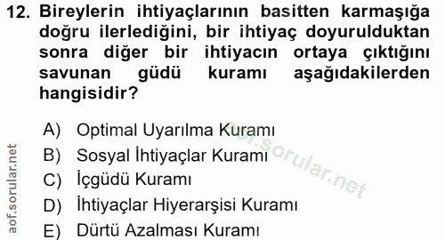 12. soru: Bireylerin ihtiyaçlarının basitten karmaşığa doğru ilerlediğini, bir ihtiyaç doyurulduktan sonra diğer bir ihtiyacın…