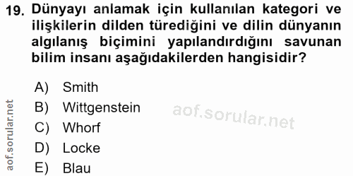 19. soru: Dünyayı anlamak için kullanılan kategori ve ilişkilerin dilden türediğini ve dilin dünyanın algılanış biçimini yapıla…