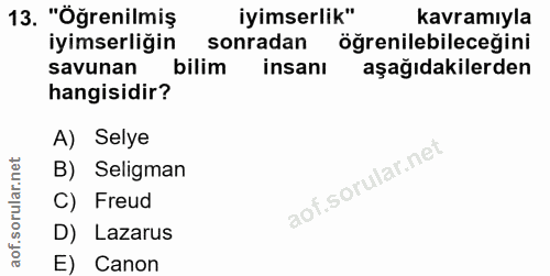 13. soru: "Öğrenilmiş iyimserlik" kavramıyla iyimserliğin sonradan öğrenilebileceğini savunan bilim insanı aşağıdakilerden hang…
