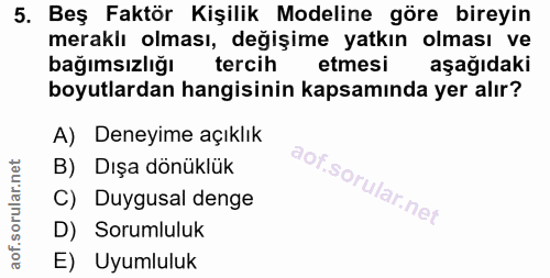 5. soru: Beş Faktör Kişilik Modeline göre bireyin meraklı olması, değişime yatkın olması ve bağımsızlığı tercih etmesi aşağıda…