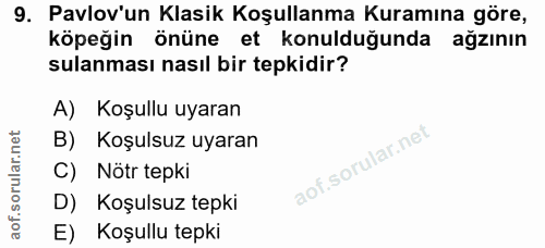 9. soru: Pavlov'un Klasik Koşullanma Kuramına göre, köpeğin önüne et konulduğunda ağzının sulanması nasıl bir tepkidir? A) Koş…