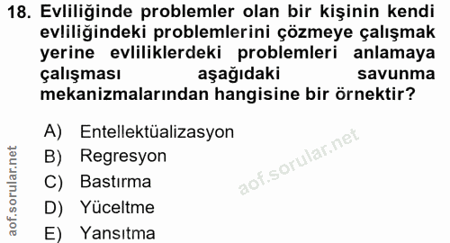 18. soru: Evliliğinde problemler olan bir kişinin kendi evliliğindeki problemlerini çözmeye çalışmak yerine evliliklerdeki prob…