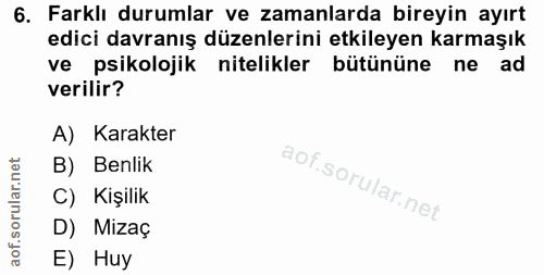 6. soru: Farklı durumlar ve zamanlarda bireyin ayırt edici davranış düzenlerini etkileyen karmaşık ve psikolojik nitelikler bü…