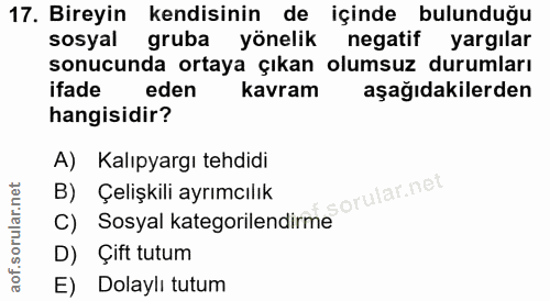 17. soru: Bireyin kendisinin de içinde bulunduğu sosyal gruba yönelik negatif yargılar sonucunda ortaya çıkan olumsuz durumları…