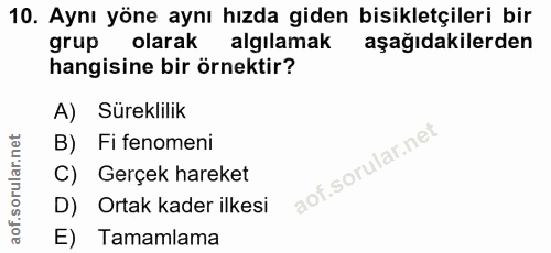 10. soru: Aynı yöne aynı hızda giden bisikletçileri bir grup olarak algılamak aşağıdakilerden hangisine bir örnektir? A) Sürekl…