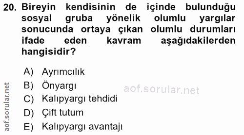 20. soru: Bireyin kendisinin de içinde bulunduğu sosyal gruba yönelik olumluyargılar sonucunda ortaya çıkan olumlu durumları if…