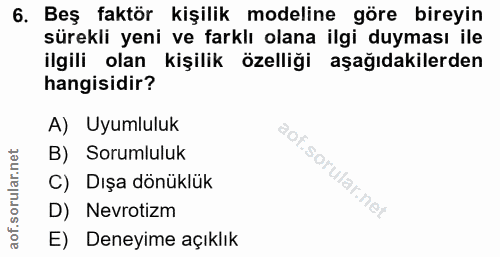 6. soru: Beş faktör kişilik modeline göre bireyin sürekli yeni ve farklı olana ilgi duyması ile ilgili olan kişilik özelliği a…