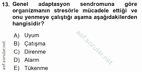 13. soru: Genel adaptasyon sendromuna göre organizmanın stresörle mücadele ettiği ve onu yenmeye çalıştığı aşama aşağıdakilerde…