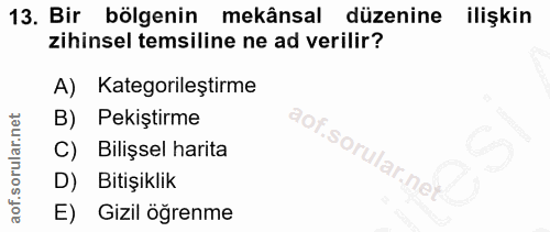 13. soru: Bir bölgenin mekânsal düzenine ilişkin zihinsel temsiline ne ad verilir? A) Kategorileştirme B) Pekiştirme S. C) Bili…
