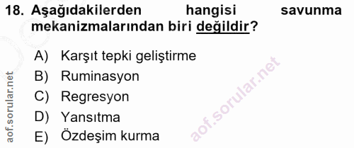18. soru: Aşağıdakilerden hangisi savunma mekanizmalarından biri değildir? A) Karşıt tepki geliştirme B) Ruminasyon C) Regresyo…