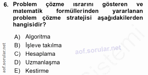 6. soru: Problem çözme Israrını gösteren ve matematik formüllerinden yararlanan problem çözme stratejisi aşağıdakilerden hangi…