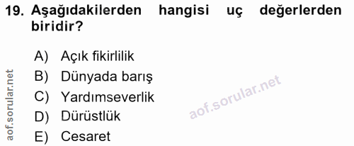 19. soru: Aşağıdakilerden hangisi uç değerlerden biridir? A) Açık fikirlilik net B) Dünyada barış orular. C) Yardımseverlik aof…