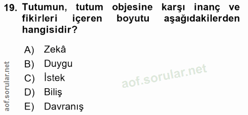 19. soru: Tutumun, tutum objesine karşı inanç ve fikirleri içeren boyutu aşağıdakilerden hangisidir? A) Zekâ B) Duygu C) İstek…