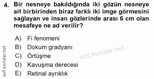 4. soru: Bir nesneye bakıldığında iki gözün nesneye ait birbirinden biraz farklı iki imge görmesini sağlayan ve insan gözlerin…