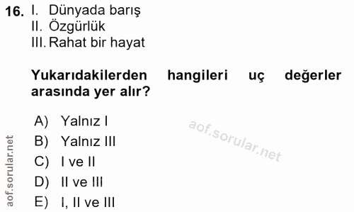 16. soru: I. Dünyada barış II. Özgürlük IlI. Rahat bir hayat Yukarıdakilerden hangileri uç değerler arasında yer alır? A) Yalnı…