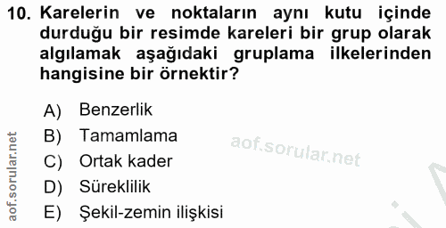 10. soru: Karelerin ve noktaların aynı kutu içinde durduğu bir resimde kareleri bir grup olarak algılamak aşağıdaki gruplama il…