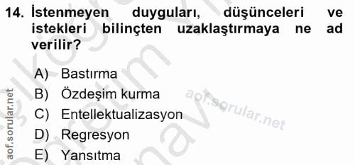 14. soru: İstenmeyen duyguları, düşünceleri ve istekleri bilinçten uzaklaştırmaya ne ad verilir? A) Bastırma B) Özdeşim kurma g…