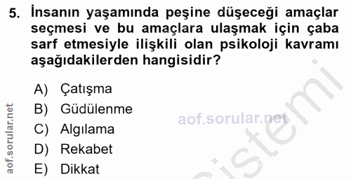 5. soru: İnsanın yaşamında peşine düşeceği amaçlar seçmesi ve bu amaçlara ulaşmak için çaba sarf etmesiyle ilişkili olan psiko…