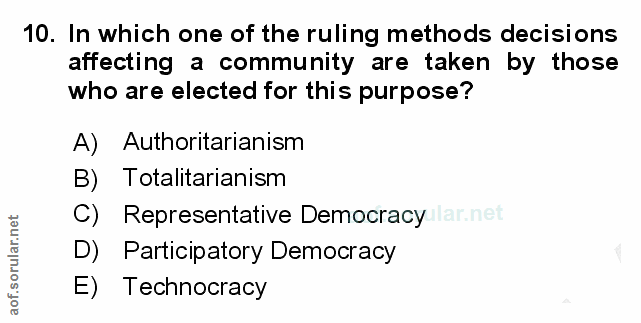 10. soru: In which one of the ruling methods decisions affecting a community are taken by those who are elected for this purpos…