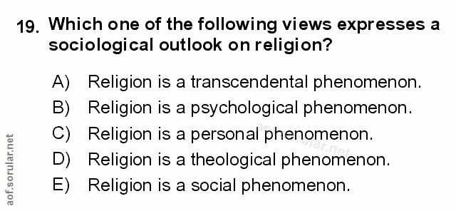 19. soru: Which one of the following views expresses a sociological outlook on religion? A) Religion is a transcendental phenom…