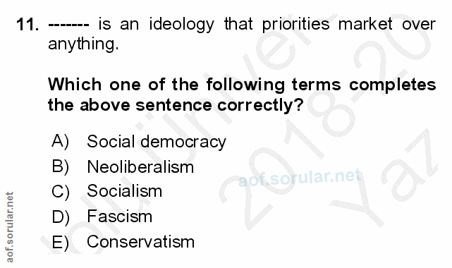 11. soru: -- is an ideology that priorities market over anything. Which one of the following terms completes the above sentence…