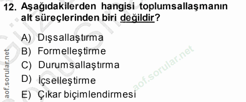 12. soru: Aşağıdakilerden hangisi toplumsallaşmanın alt süreçlerinden biri değildir? A) Dışsallaştırma B) Formelleştirme C) Dur…