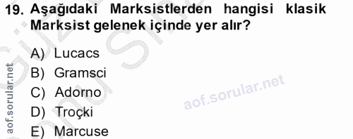 19. soru: Aşağıdaki Marksistlerden hangisi klasik Marksist gelenek içinde yer alır? A) Lucacs B) Gramsci C) Adorno D) Troçki E)…