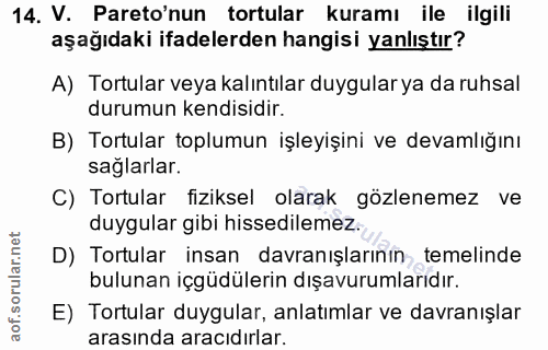 14. soru: V. Pareo'nun tortular kuramı ile ilgili aşağıdaki ifadelerden hangisi yanlıştır? A) Tortular veya kalıntılar duygular…