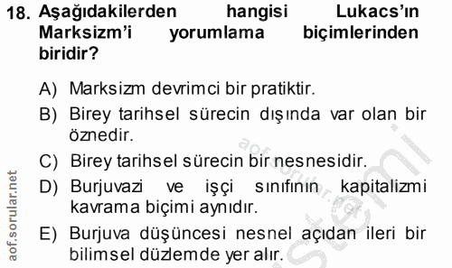 18. soru: Aşağıdakilerden hangisi Lukacs'ın Marksizm'i yorumlama biçimlerinden biridir? A) Marksizm devrimci bir pratiktir. B)…