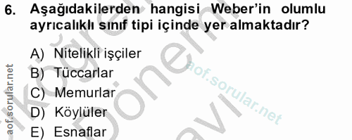 6. soru: Aşağıdakilerden hangisi Weber'in olumlu ayrıcalıklı sınıf tipi içinde yer almaktadır? A) Nitelikli işçiler B) Tüccarl…